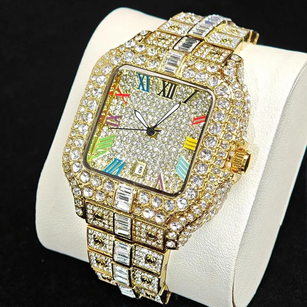 Gold Square Ice Watches Men Luxury Stainless Steel Quartz Clock Man Hip Hop Diamond Colored Roman Literal Wristwatch Droshipping