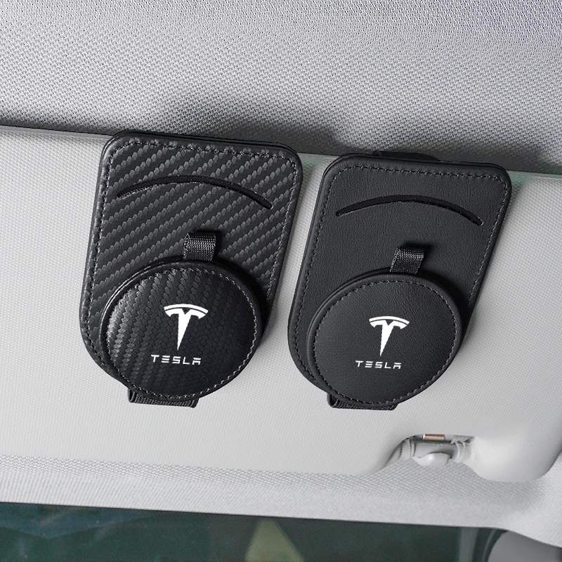 جودة الجلود نظارات السيارة كليب حامل بطاقة الهوية التخزين الداخلي ل تسلا نموذج 3 نموذج S نموذج X نموذج Y Cybertruck Roadster #3
