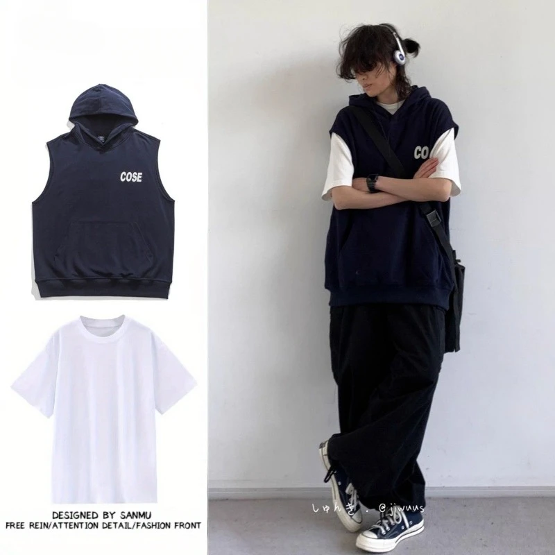 

Japanese Retro Style Hooded Letter Printed Vest Set for Men and Women Spring and Summer Loose Casual Fashionable Two-piece Set