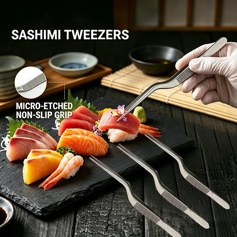 Stainless Steel Plating Tweezers, Curved Precision Food Tweezers for Sushi, Dessert, Gourmet Plating, BBQ Decorating