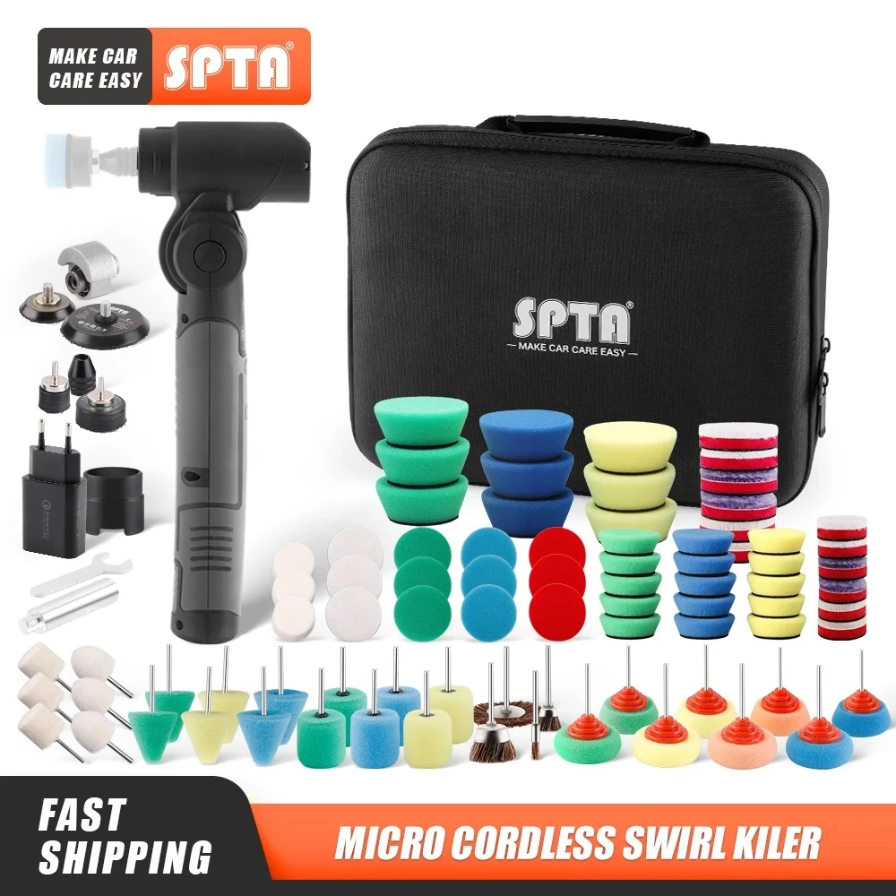 

SPTA Cordless 3.7V Mini Detailing Charged Car Polisher RO/DA Portable Handle Machine Sponge Pads Kit for Waxing Polishing