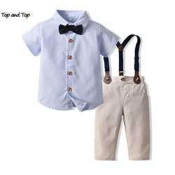 top and top Summer New Boys Gentleman Clothing Sets Short Sleeve Striped Bowtie Shirts+Suspenders Shorts 2PCS for Wedding Party