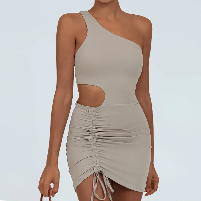 

Women's Yoga One-Piece Skirt Tights High Elasticity Quick Dry Fitness Tennis Golf Dress Ladies One Shoulder Sleeveless Dress