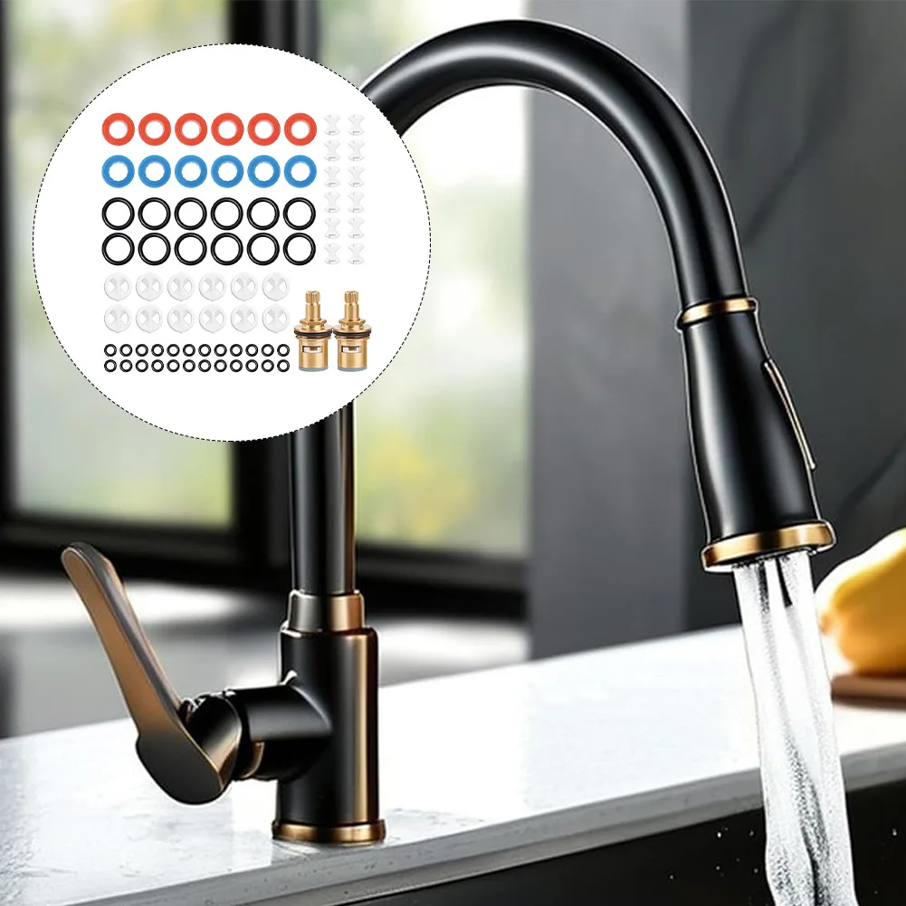 2 Piece Brass Tap Cartridge Replacement Set with 72 Piece Tap Washer Kit and Silicone O Rings for Standard Household Taps