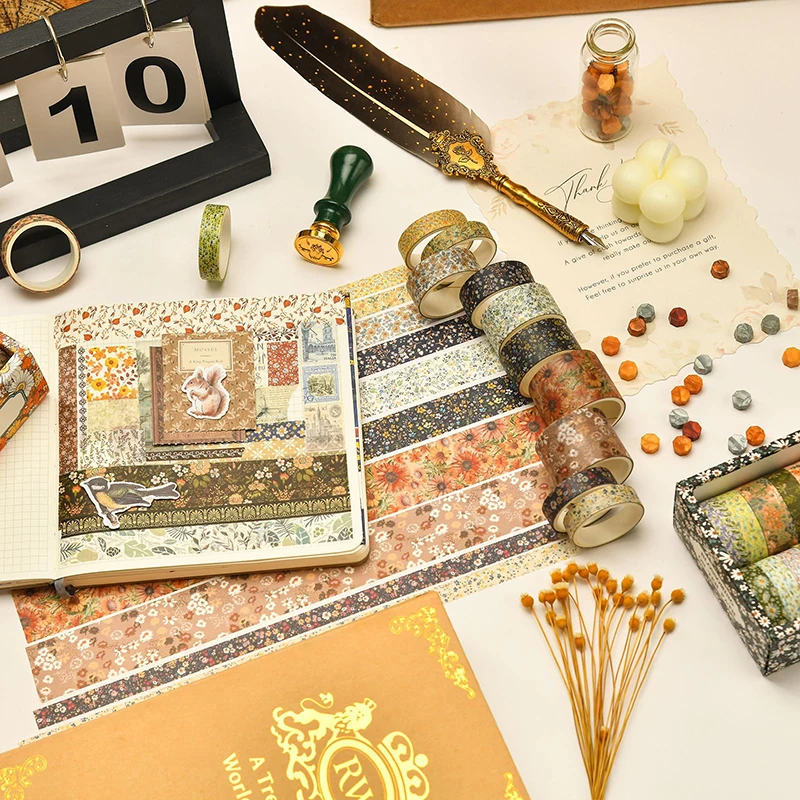 مجموعة 12 لفات من شريط الأزهار العتيق DIY شريطٌ لاصق مزخرف ملون دفتر مذكرات رصاصة المجلات لوازم التغليف