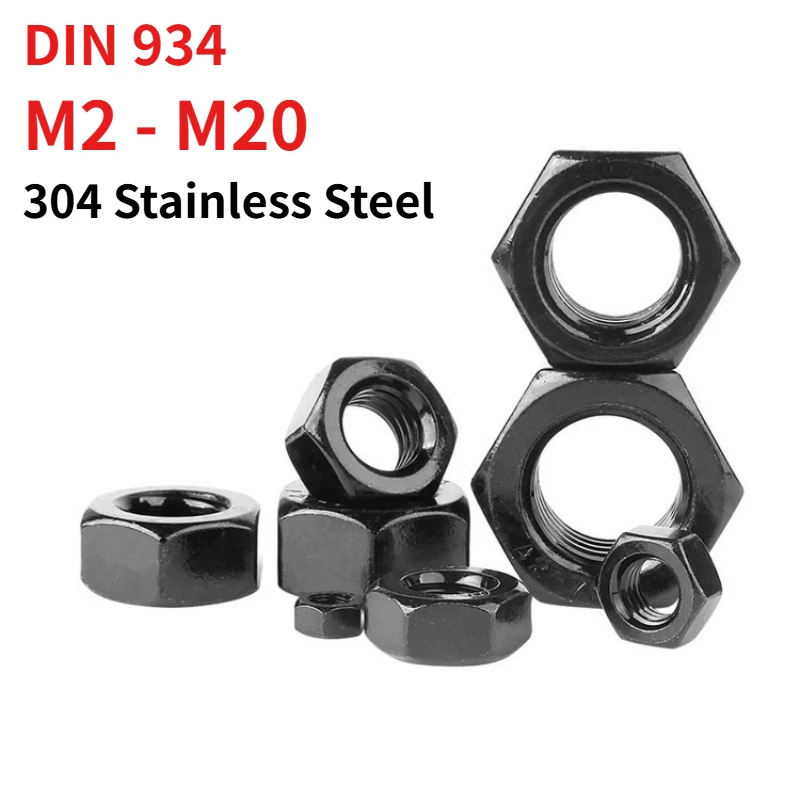 Black 304 Stainless Steel Hex Nut DIN 934, A2-70 Black Oxide-Coated Metric Hexagon Nut, Matte Black Fastener M2–M20