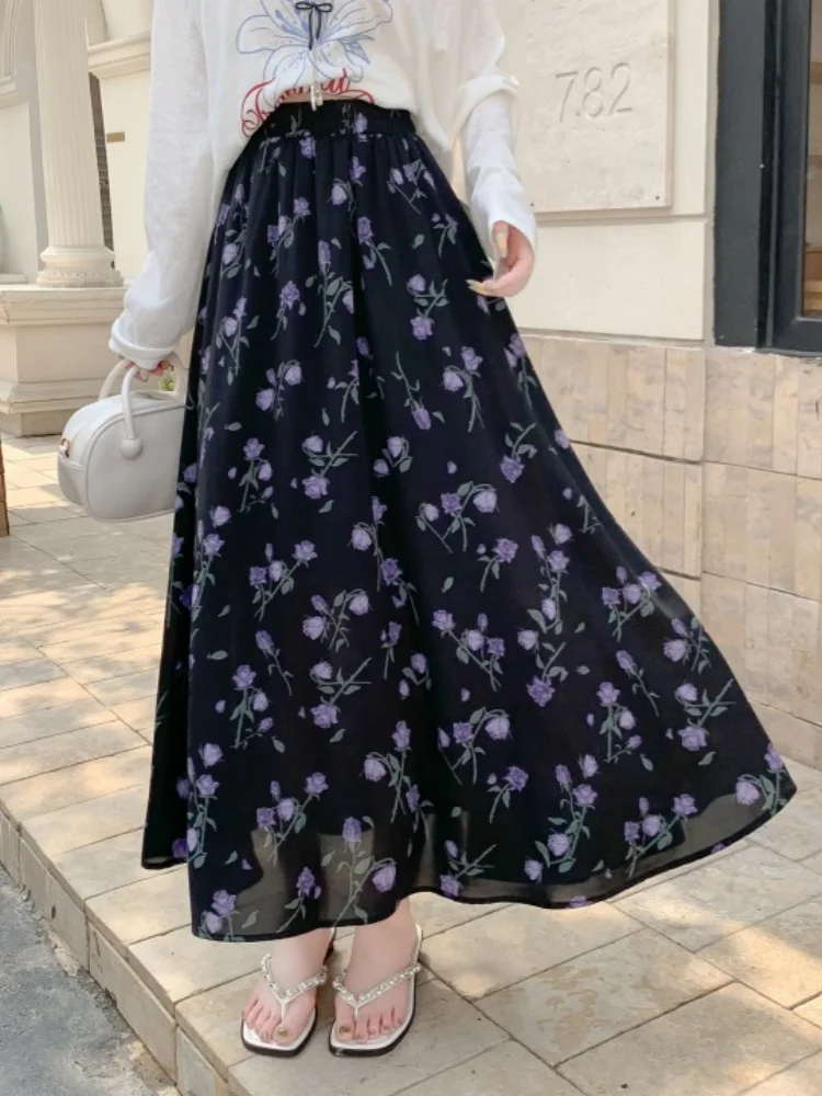 

SMTHMA 2025 Summer New Woman Classic A-line skirt High Waist Fashion Woman's Elastic High Waist Print Floral Maxi Skirt