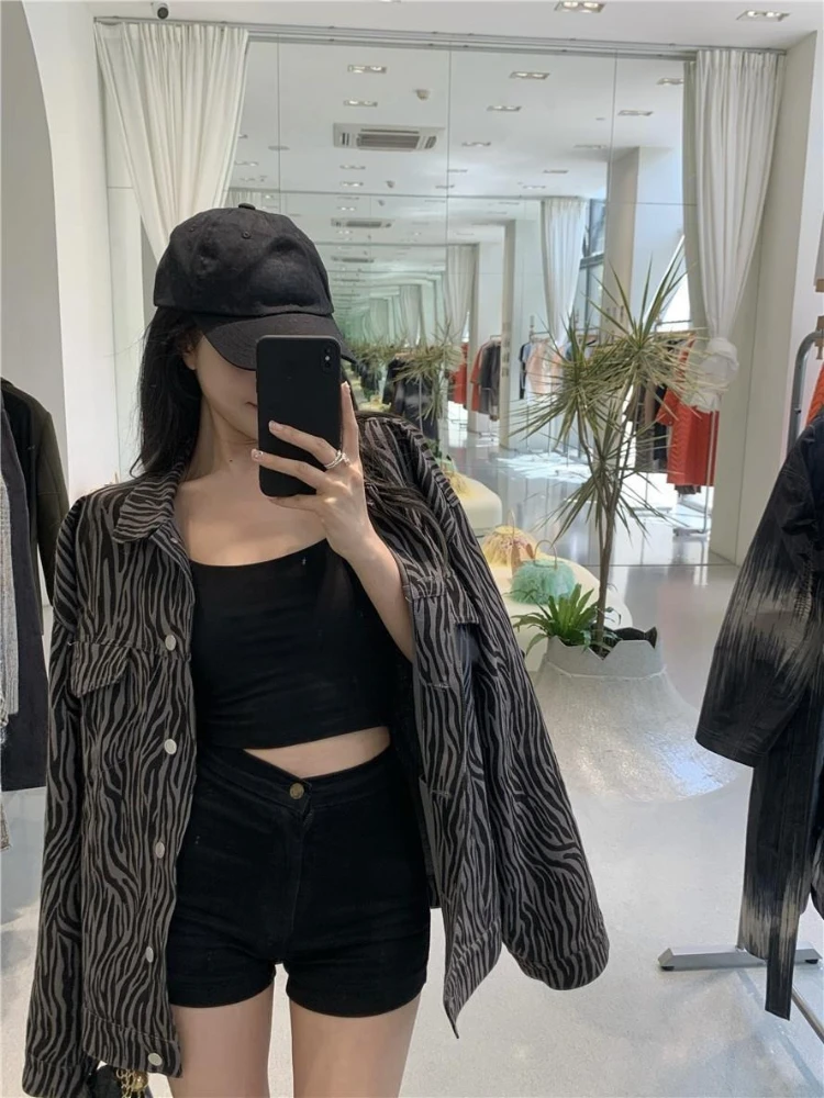 

Women's 2025 New Arrival Oversized Korean Style Denim Jacket Long Sleeve Zebra Print Hip Hop Streetwear Personality Top