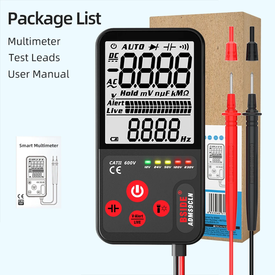 BSIDE ADMS9LN Voltage Tester 3.5\'\' Large LCD Digital Smart Multimeter 3-Line Display TRMS 6000 Counts DMM with Analog Bargraph