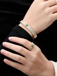 1 set of European and American fashion full zirconium hollow green zirconium life tree fashion simple bracelet ring set