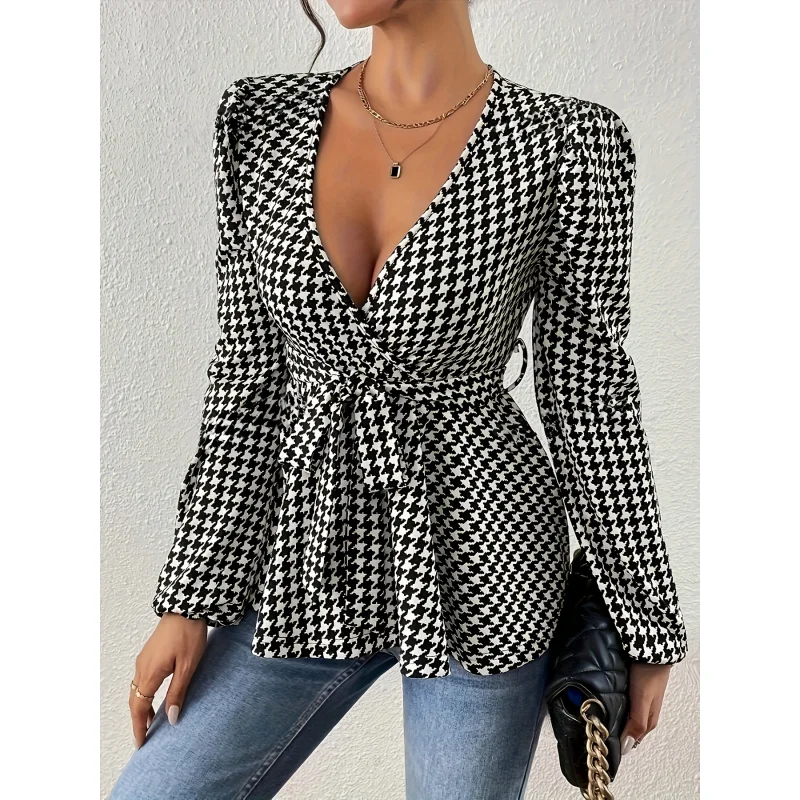 Elegant Houndstooth Print Blouse with Deep V-Neck, Polyester Blend, Long Sleeve, Belted Waist, Spring/Summer/Fall Collection - C