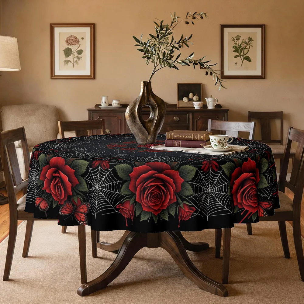 One tablecloth, in a Halloween-themed gothic style, featuring red roses, spider webs and butterfly prints on the tablecloth.zyc