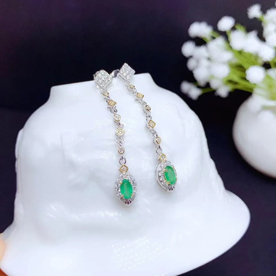 

Natural emerald earrings 925 silver two-color electroplating process women's party wedding jewelry