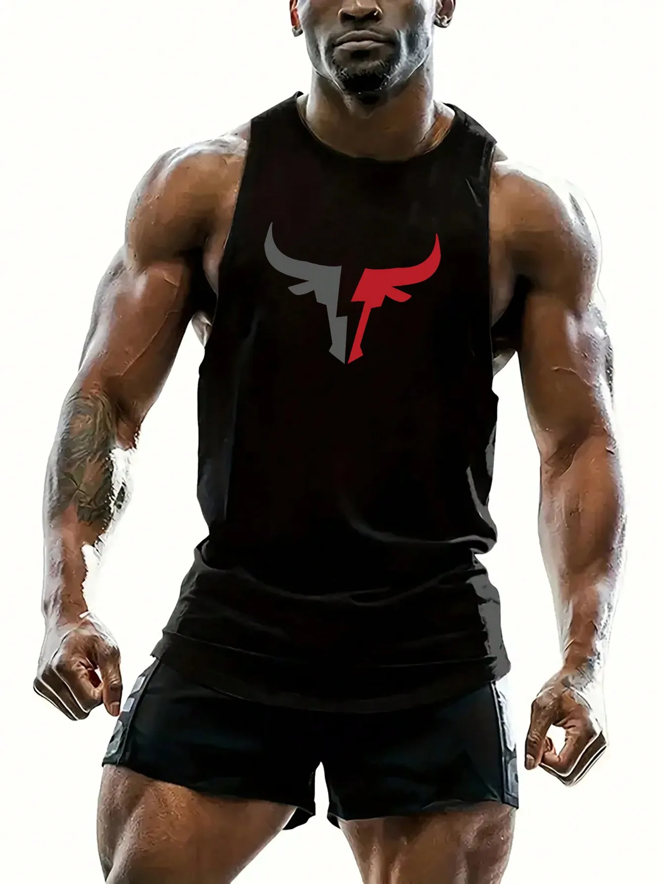 

Men's Black Sleeveless Tank Top with Bold Graphic Horn Design for Gym & Casual Wear