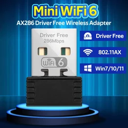 Adaptador USB para PC portátil, Mini Dongle Wi-Fi, Placa de rede sem fio, Driver livre, Windows 7, 10, 11, AX286, 802.11AX