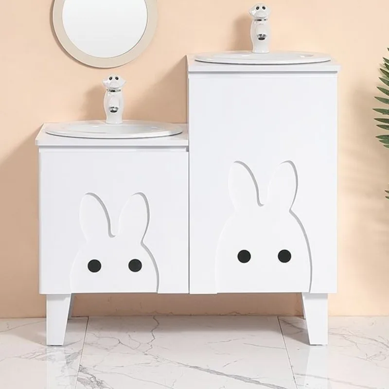 White cabinet Cartoon mother and child High and low washbasin Basin cabinet Bathroom washbasin
