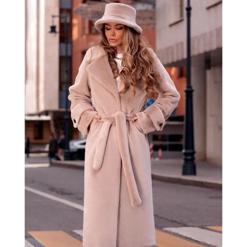 Winter Luxury High-end Long Fur Coat Women Belt Faux Fur Trench Coat Fluffy Furry Soft Warm Thick Fur Outerwear Design Coats