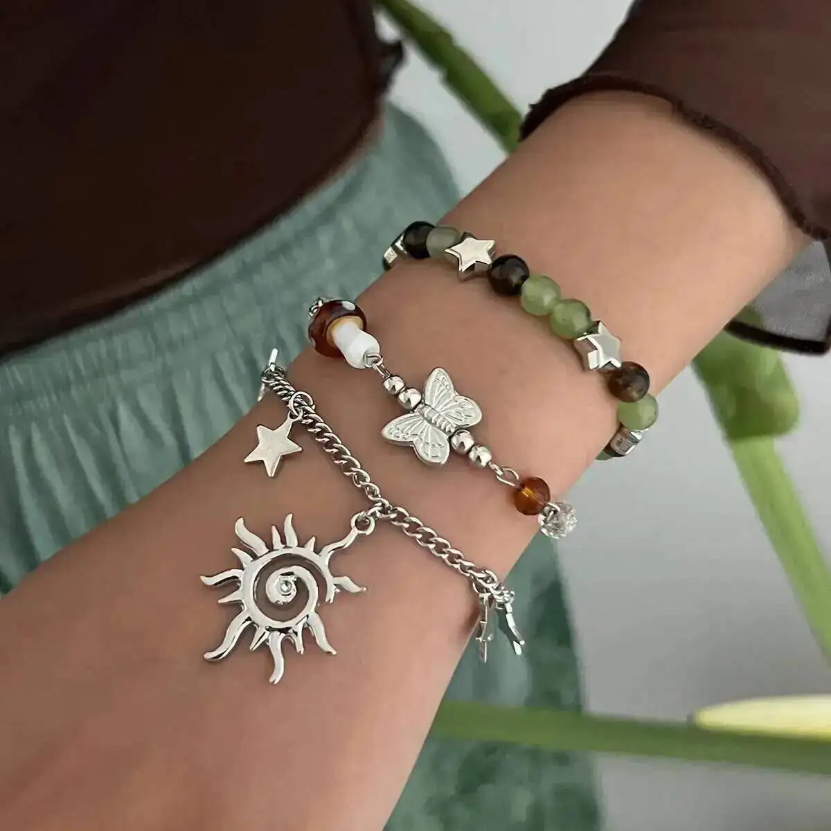 

KunJoe 3 Pcs/Set Retro Butterfly Sun Pendant Charm Bracelet for Women Ethnic Style Multilayer Stacked Glass Bead Chain Bracelet
