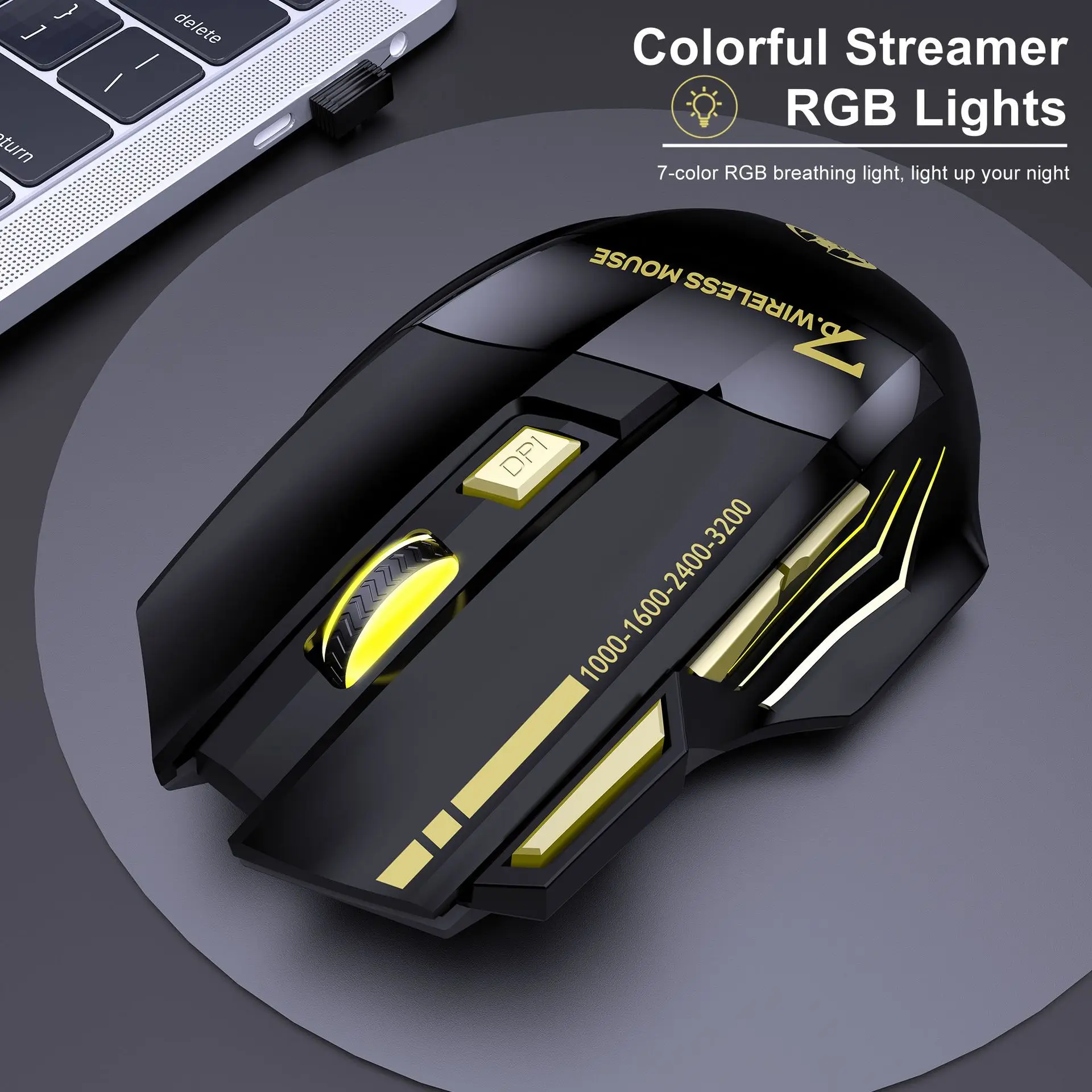 USB Wireless Optical Gaming Mouse, 7‑Key Design With Colorful Breathing LED Light, Custom Fire Button Ergonomic Gaming Mouse