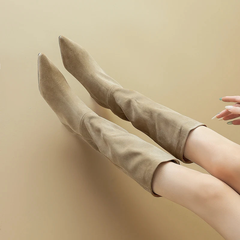 2025 الاتجاه الجديد البقرة الطبيعية المدبوغ النساء أحذية الخريف الشتاء الانزلاق على الأحذية بورجوندي عالية حذاء بكعب سميك أشار تو حذاء برقبة للركبة #3