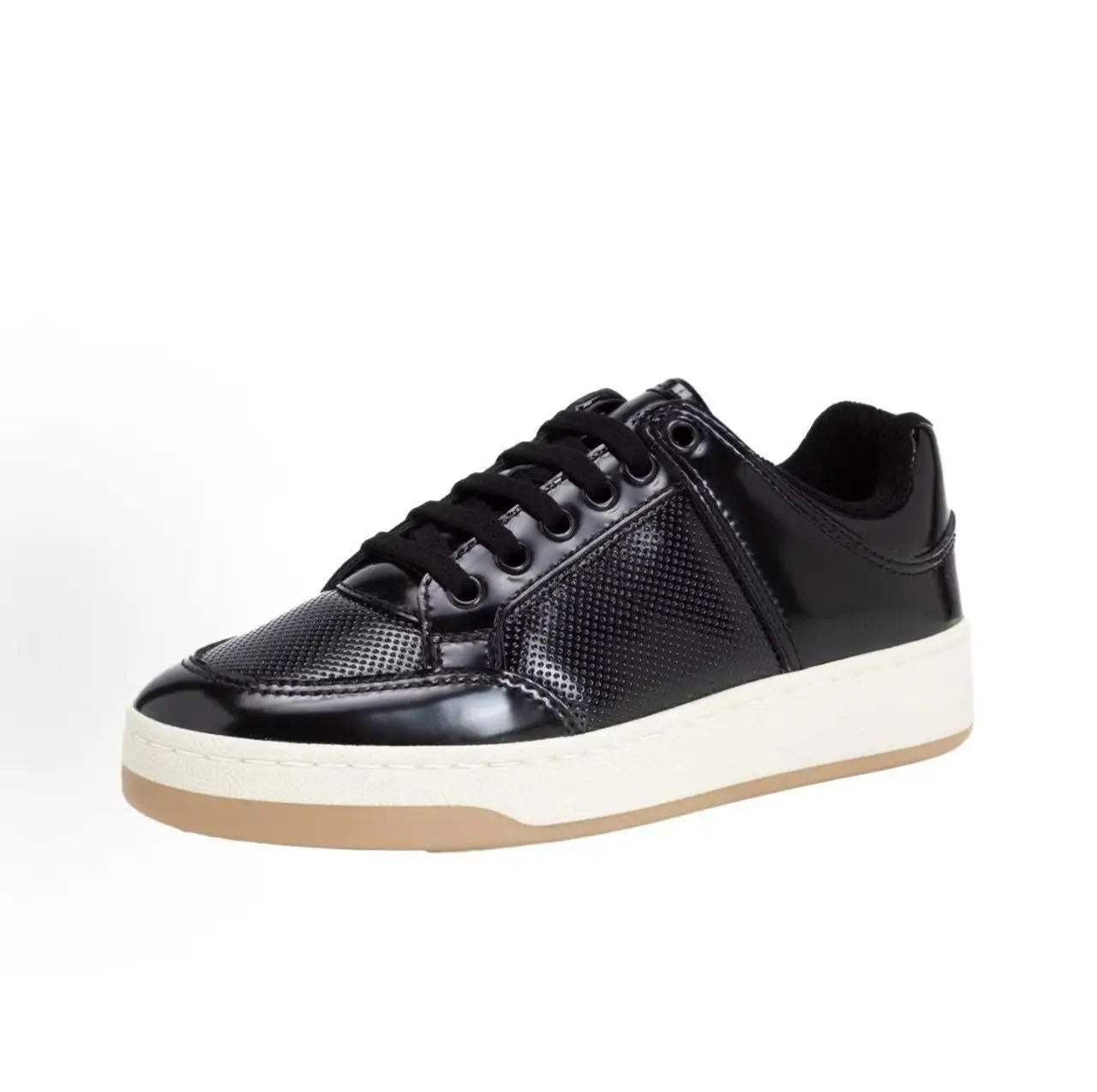 Unisex Fashion Lace Up Board Sneakers Shiny Patent Leather Mixed Material Vintage Gum Sole All Match Street Footwear