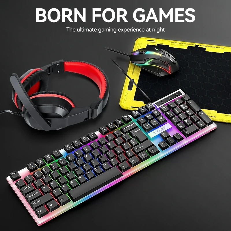 PC Mouse Keyboard Headset Mouse Pad Combo 4 In 1 SET Computer Gaming Headphone USB Wired Mouse And Keyboard Set With Mouse Mat