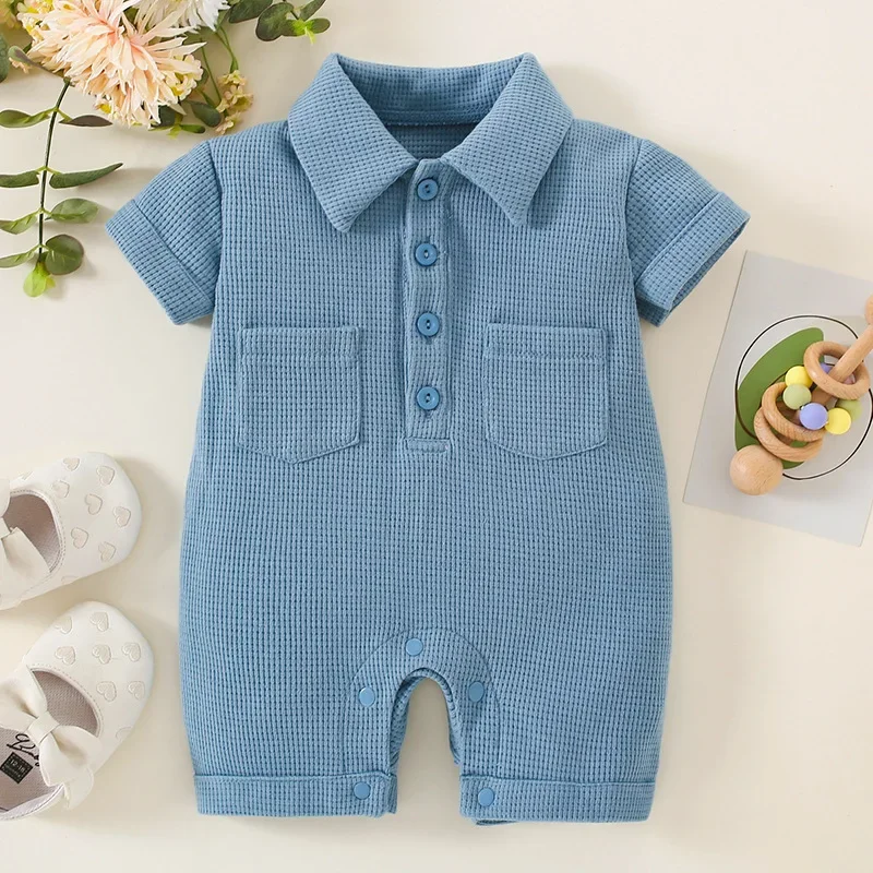 0-24M Newborn Baby Girl Solid Waffle Short Sleeve Jumpsuit Baby Unisex Boys & Girls Infant Tooling Bodysuit