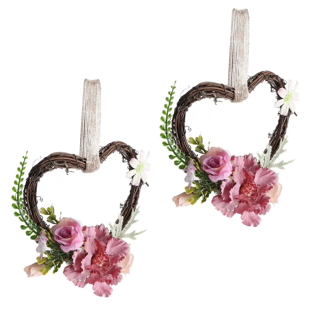 

2 Pcs Heart Shaped Flower Wreath DurablePlants Spring Atmosphere Wall Hanging Decoration Rattan Artificial