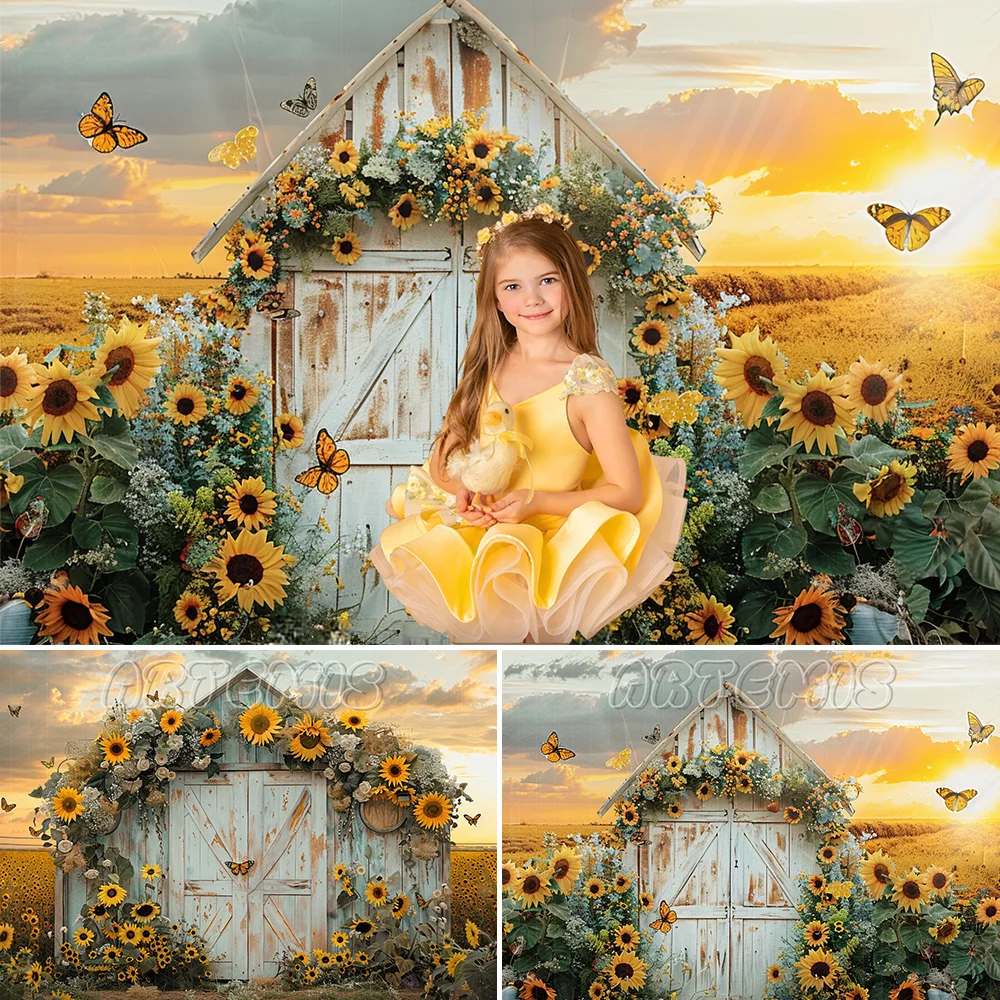 Fall Backdrop Sunflower Field White Barn Doors Wooden Boxes Yellow Flowers Butterflies Sunset Background Photo Studio Photocall