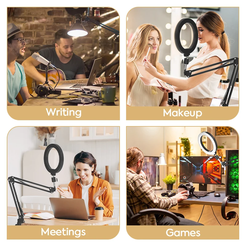 دائرة علوي ضوء حلقة ليد ، ضوء سيلفي USB ، حامل وحامل هاتف ، جهاز تحكم عن بعد ، مصباح صور مكتبي للاجتماع ، فيديو ، 10"