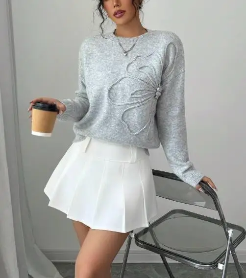 Осень/зима 2025, новый дизайн, модный и универсальный повседневный вязаный свитер с цветочным принтом и круглым вырезом для женщин