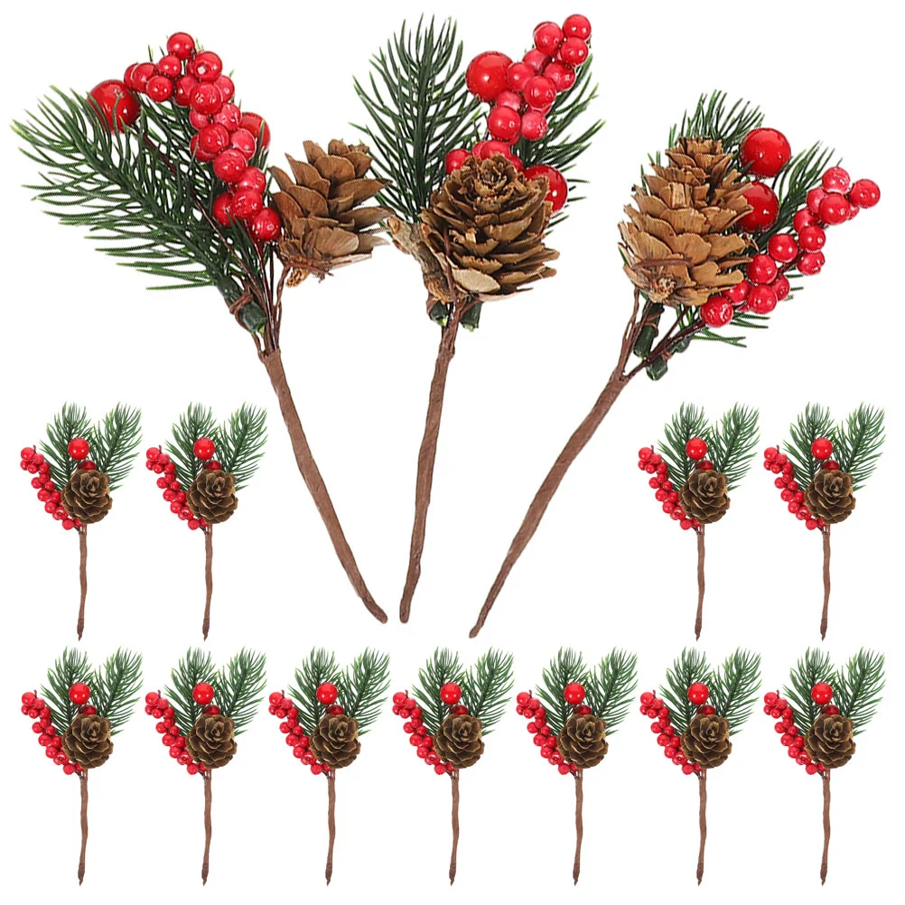 12 Stück künstliche Tannenzapfen Weihnachtsbaum rote Beeren Picks Kegel Blumen zum Basteln Schaum grüne Nadeln Blumendekor Zubehör