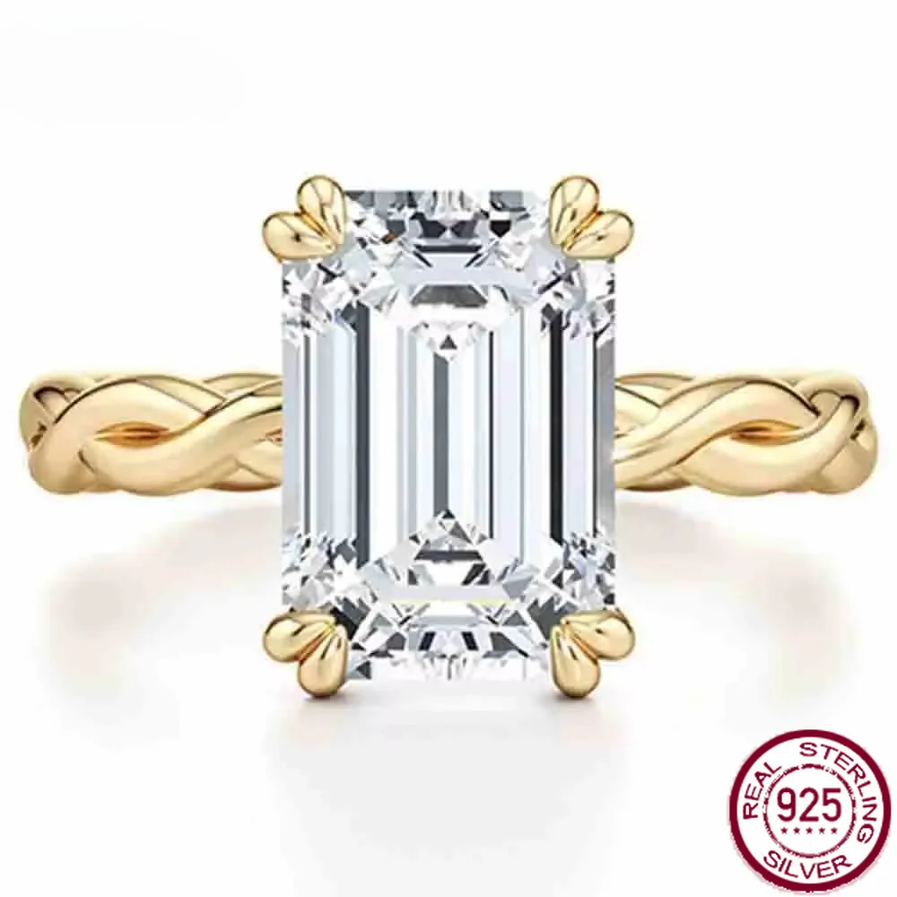 Yaranyan 925 Sterling Silver 2 CT Emerald Cut D Color Real GRA Moissanite Gemstone Wedding Engagement Twisted Ring Fine Jewelry
