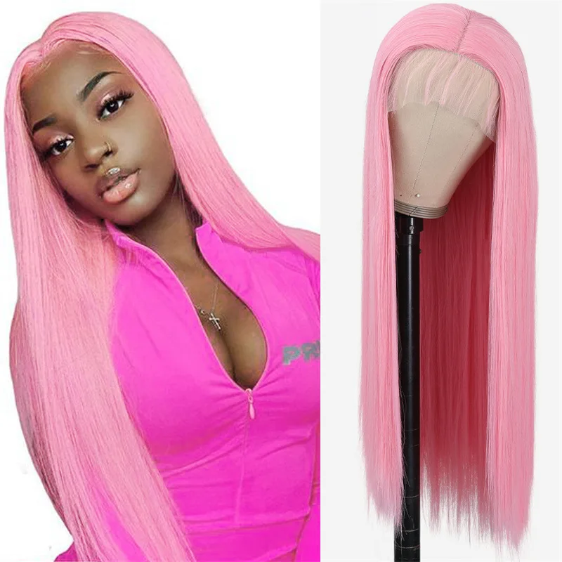 Wig Women's Light Pink Long Straight Hair Full Headband High Temperature Fiber Synthetic Wigs Pelucas Hair Daily Party Use