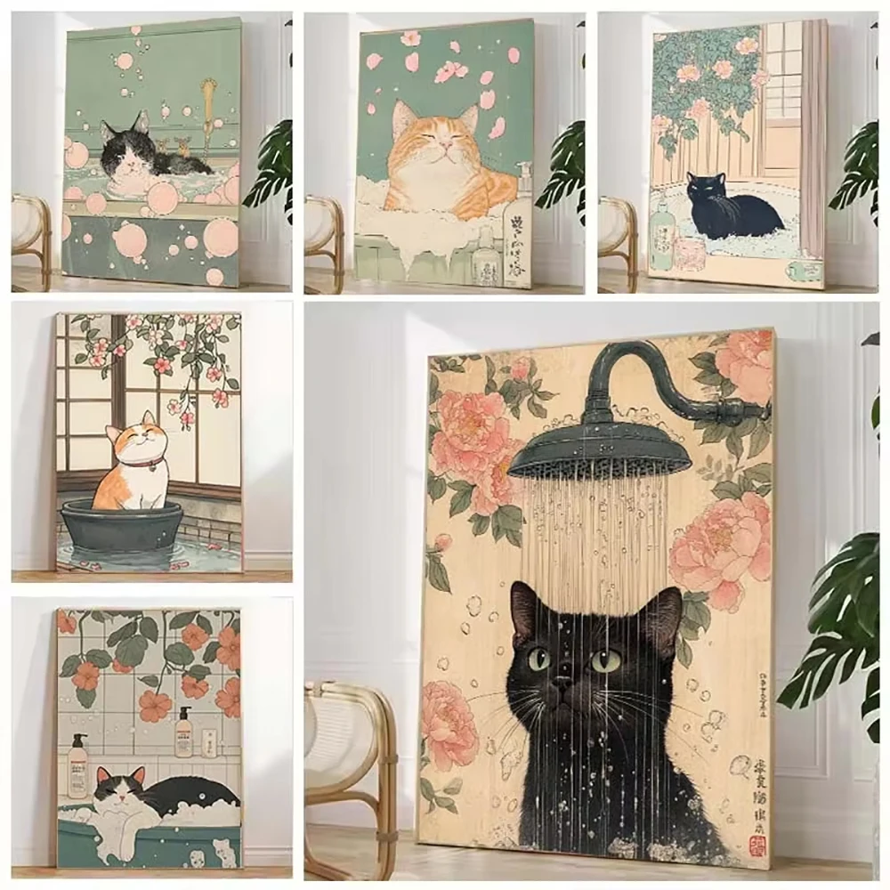 Japanese Tabby Cat in Bathtub Poster Prints Canvas Painting Retro Aesthetic Wall Art Picture Japandi Bathroom Toilet Home Decor