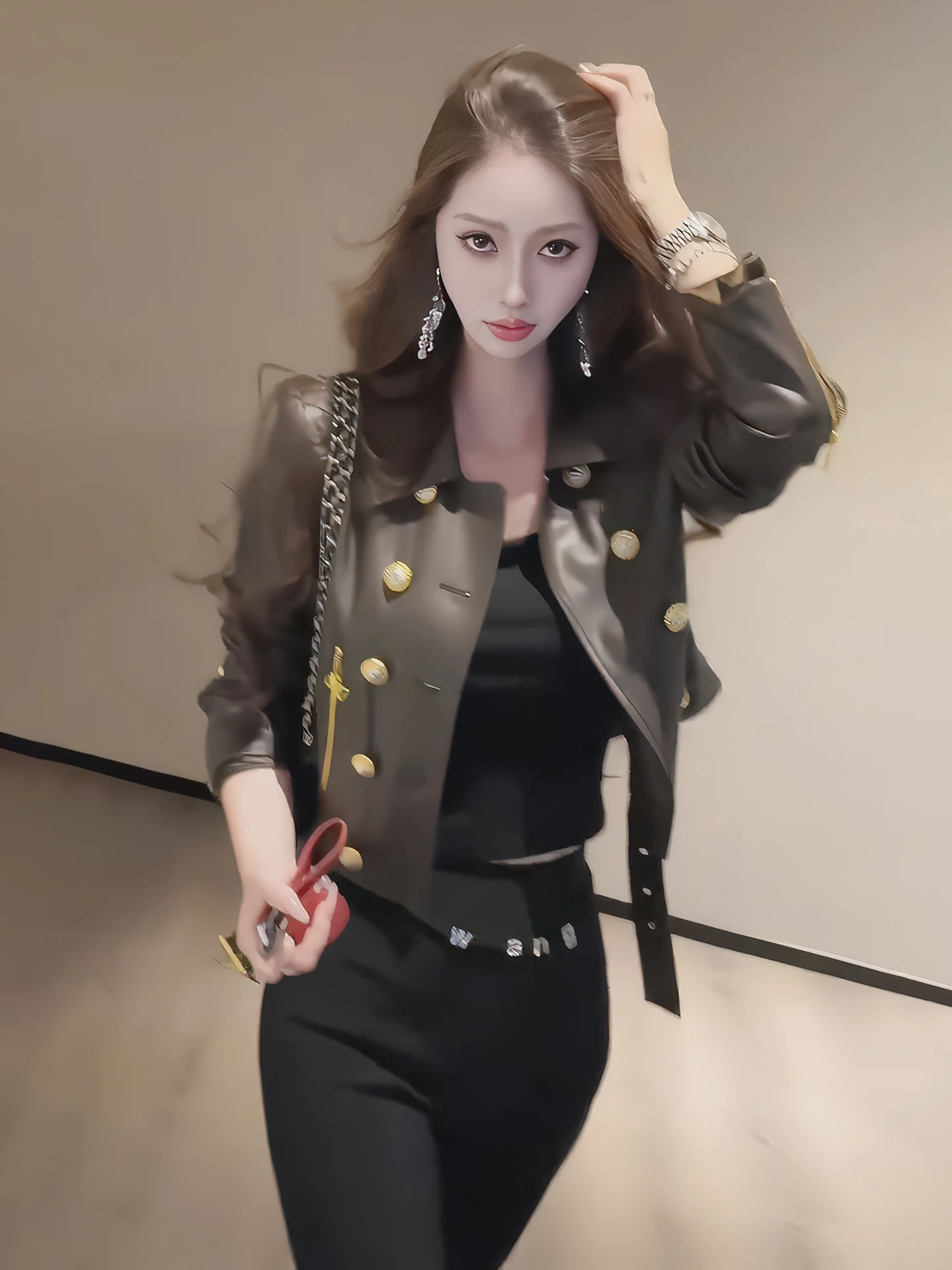 Veste en cuir PU pour femme, style motard, décorée de métal, à double rangée de boutons, manches longues