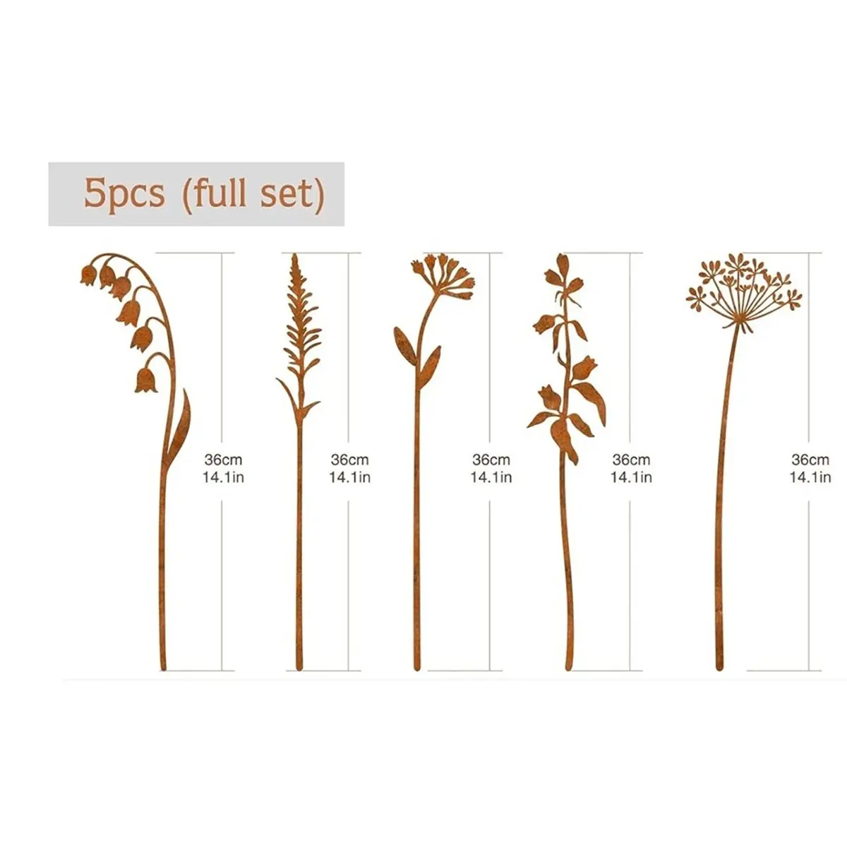 1set/5pcs Outdoor Decoration Garden Stakes with Metal Flowers, Flower Bed Decoration Plant Wooden Stakes, Lawns