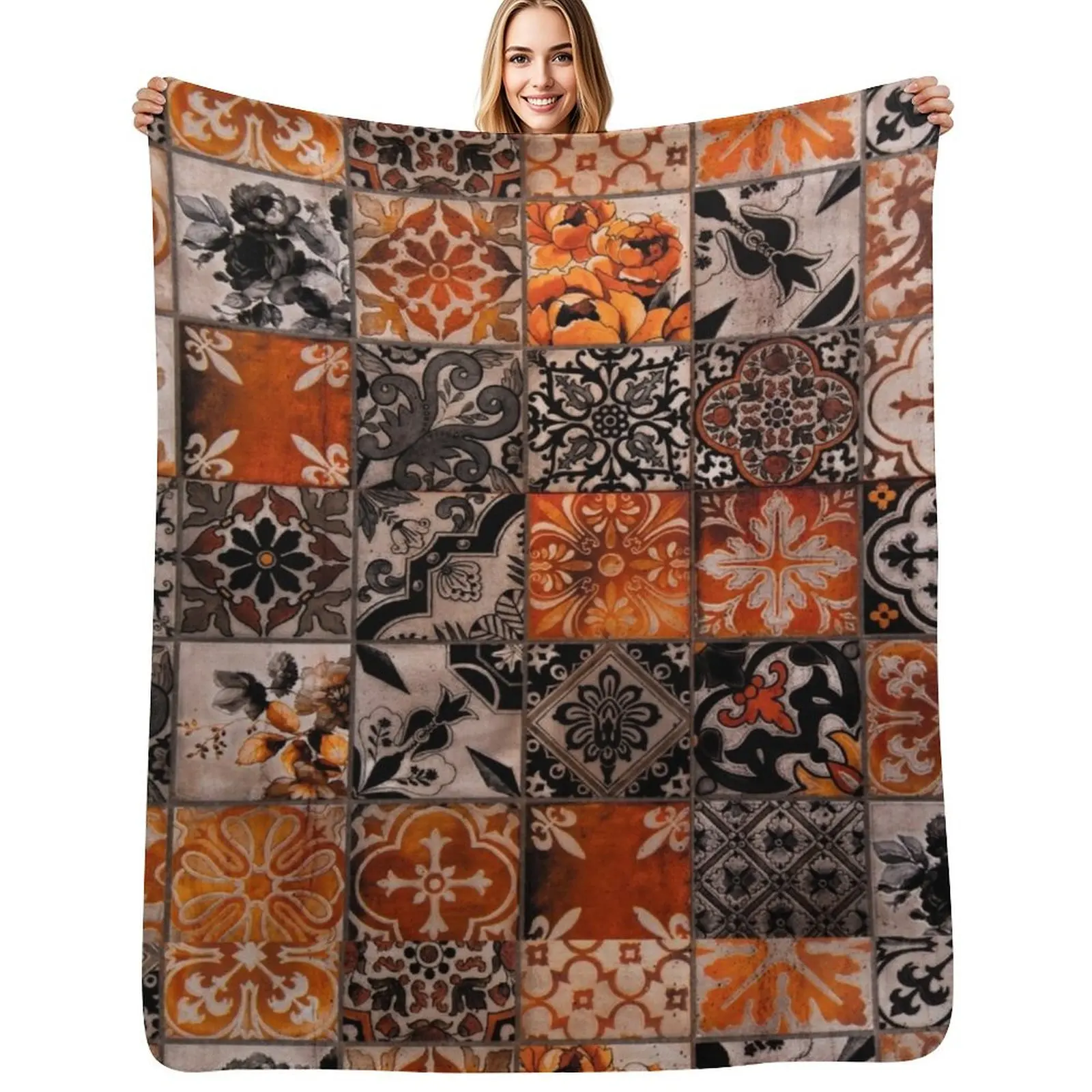 

Orange Tiles Throw Blanket Machine Washable Soft Warm Blanket