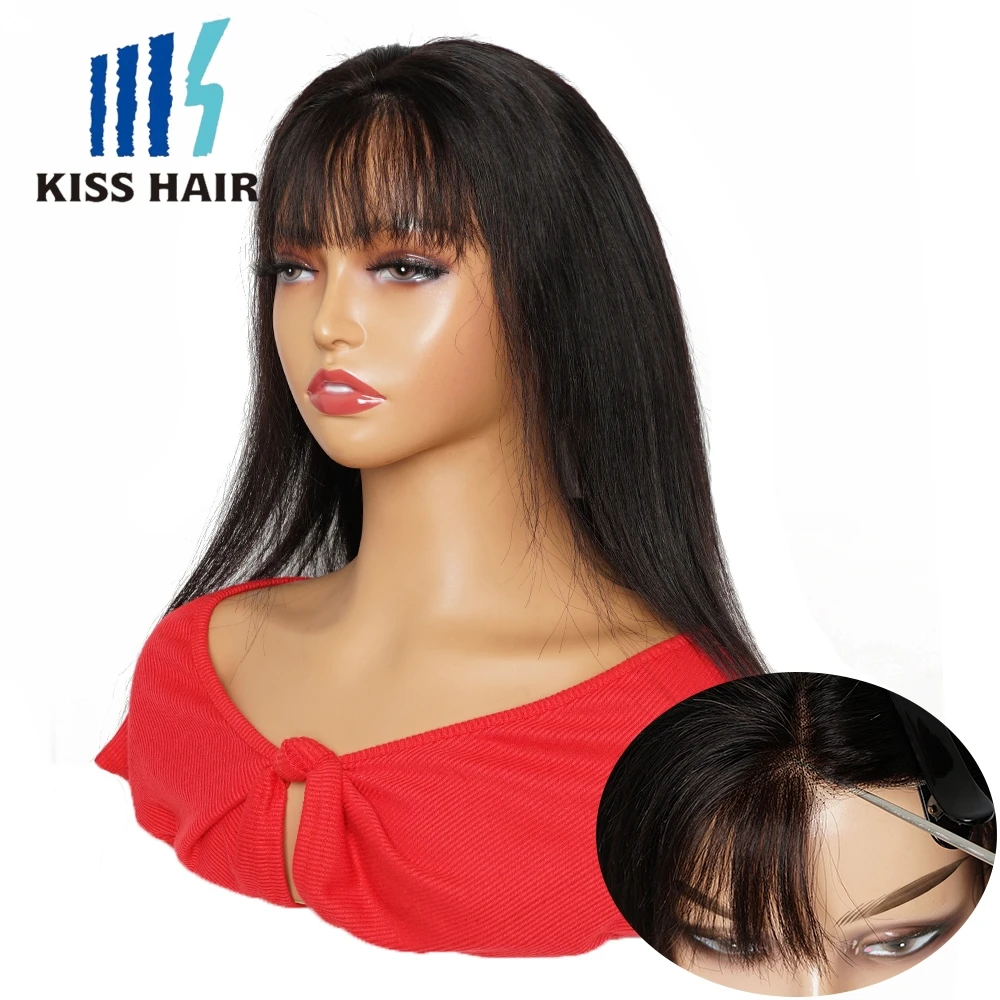 

Предварительно вырезанный парик 5*5 из человеческих волос на сетке спереди с челкой, парик без клея, человеческие волосы, готовые к ношению, прямой прозрачный 4*4, на сетке KissHair