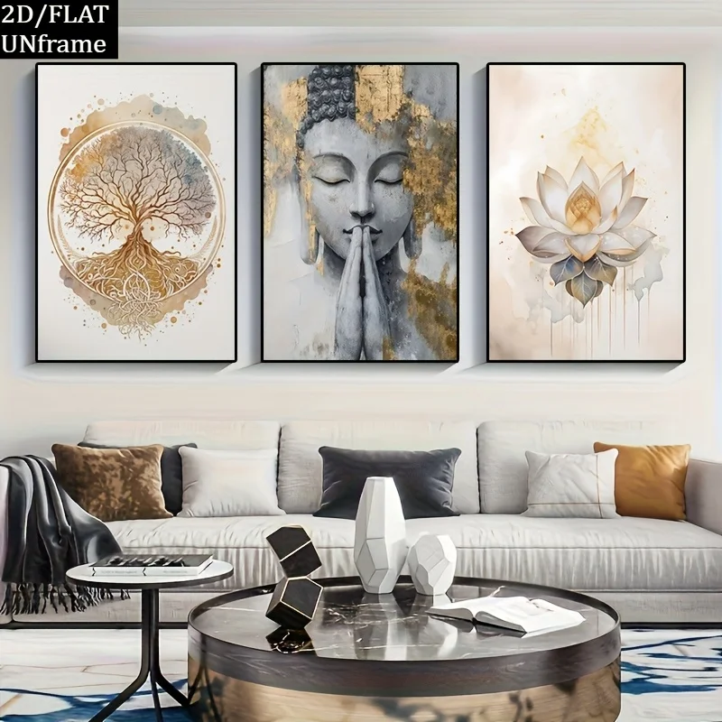 2DPlane, 2DPlane, 3Decorative Art Canvas Poster - Modern Tree of Life and Lotus Print，Suitable for Living Room、Bedroom - Framele