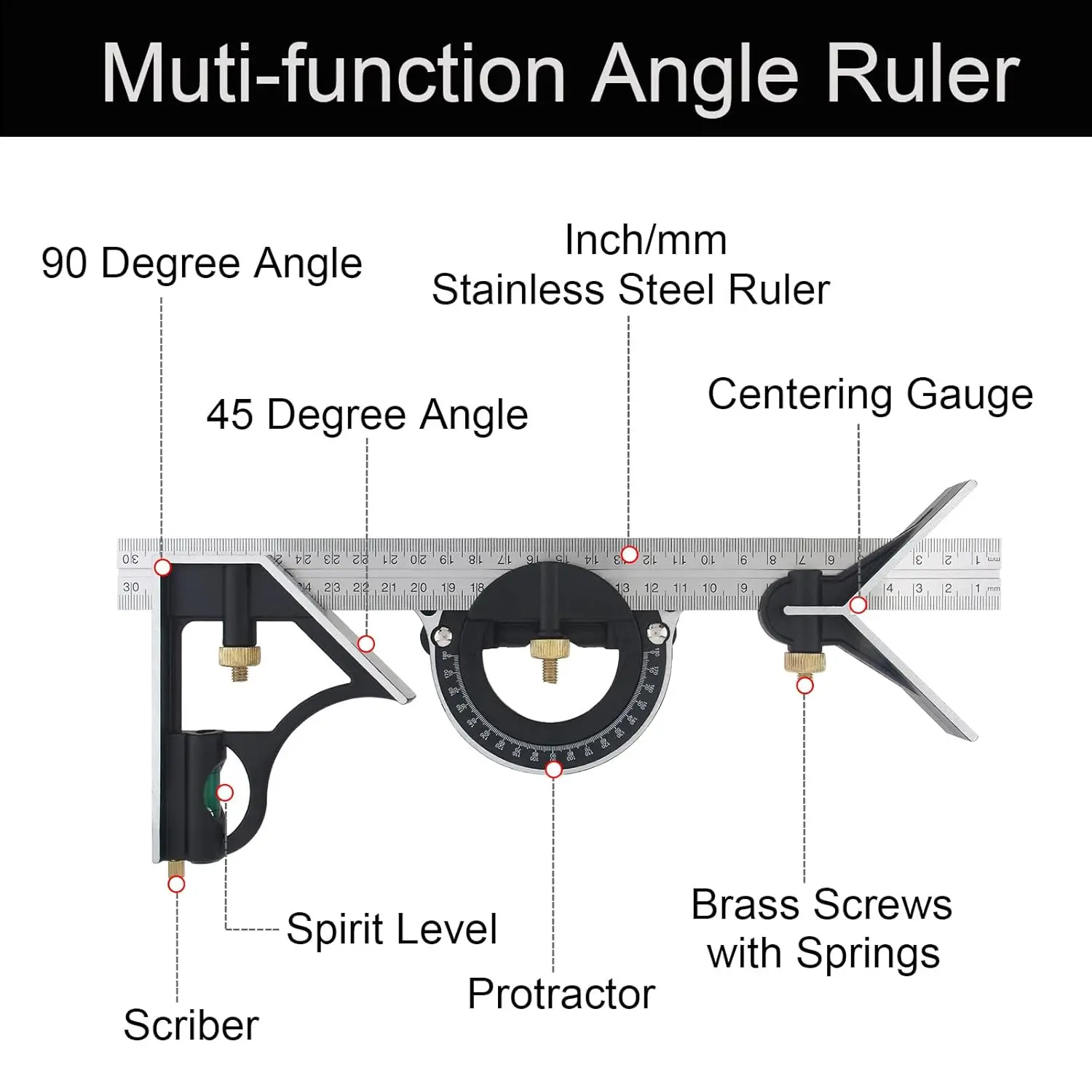 Multi-Functional Adjustable Combination Right Angle Ruler & Protractor, Movable Level Measuring Tool/Instrument Inch/Metric Dual