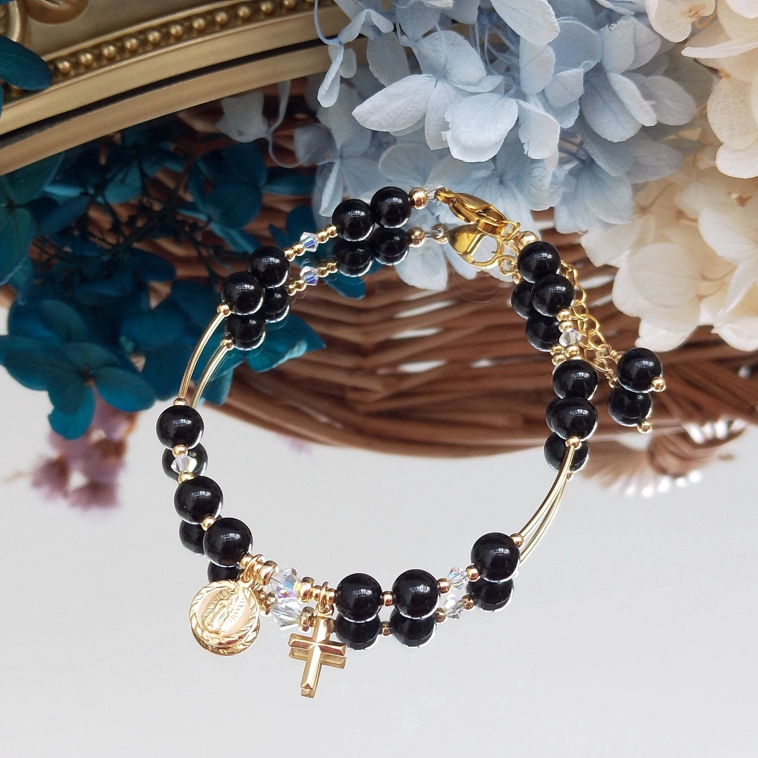 Lii Ji Black Agate14K Gold Filled Charms Bracelet 18+3cm Handmade Bohe Fashion Jewelry For Female