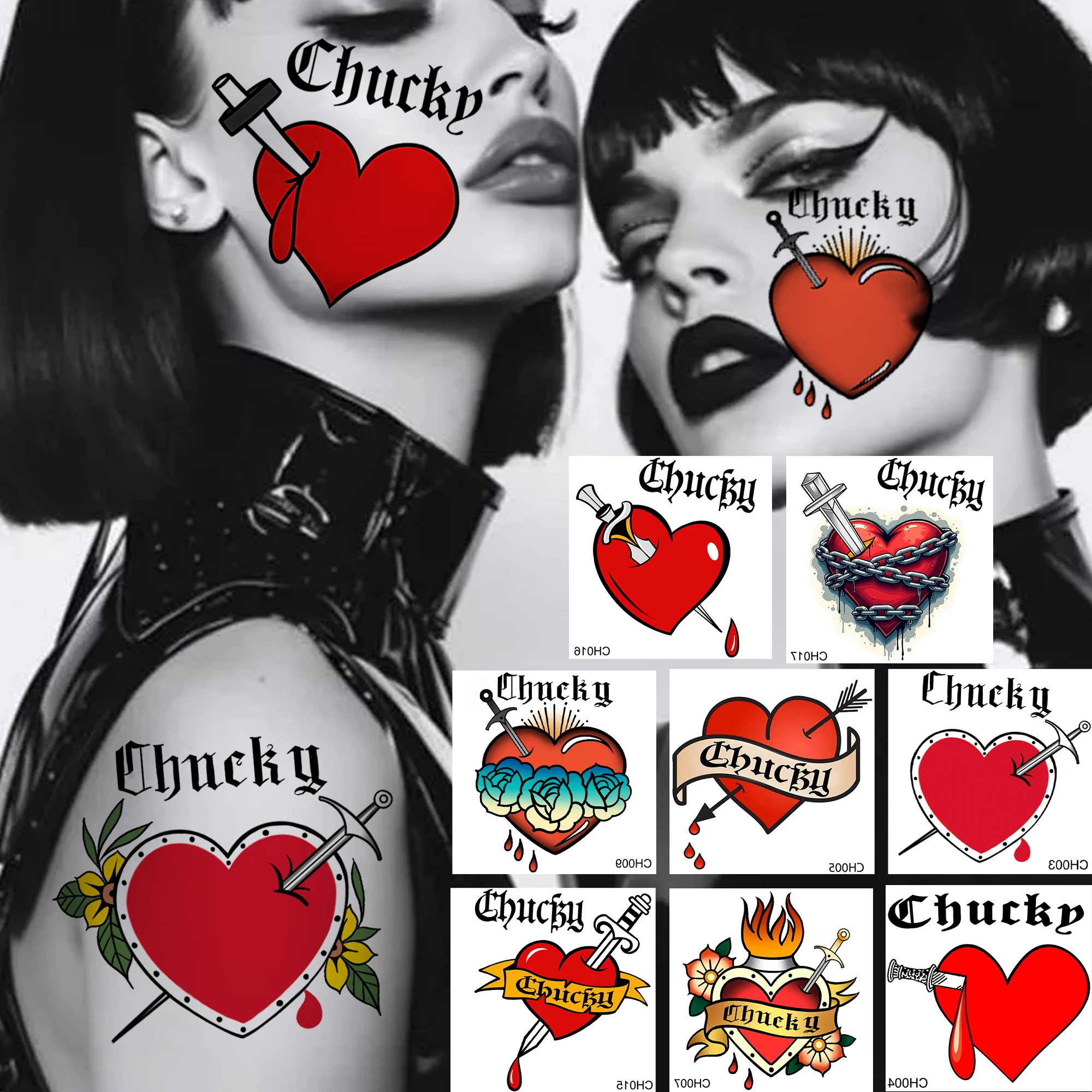 8 Sheets Halloween Chucky Heart Tattoos Bride Of Chucky Temporary Tattoo Stickers For Women Face, Waterproof Durable Fake Tattoo