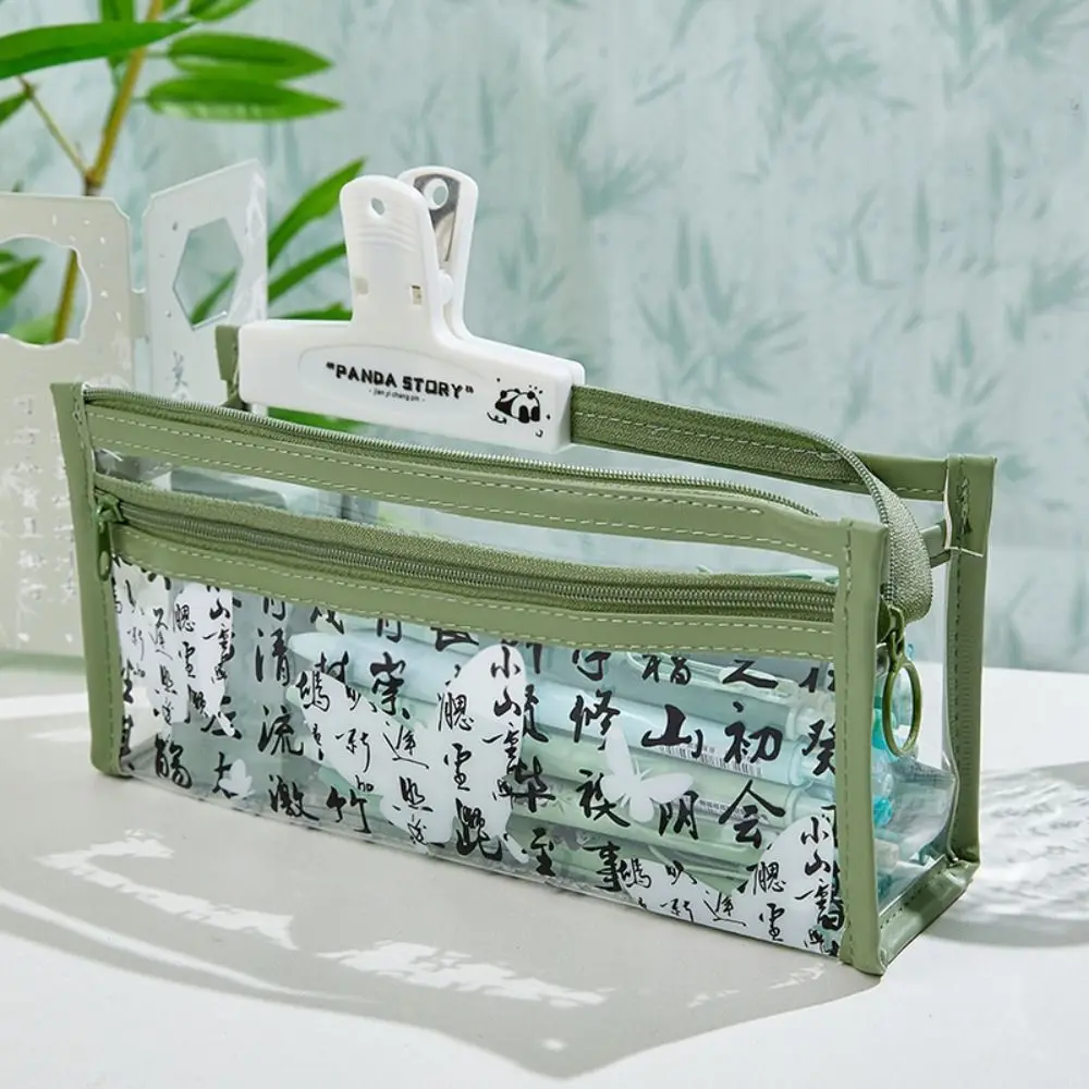 Multi layered Stationery Bag Large Capacity Transparent Pen Bag Waterproof Chinese Style Storage Pouch Student Gift