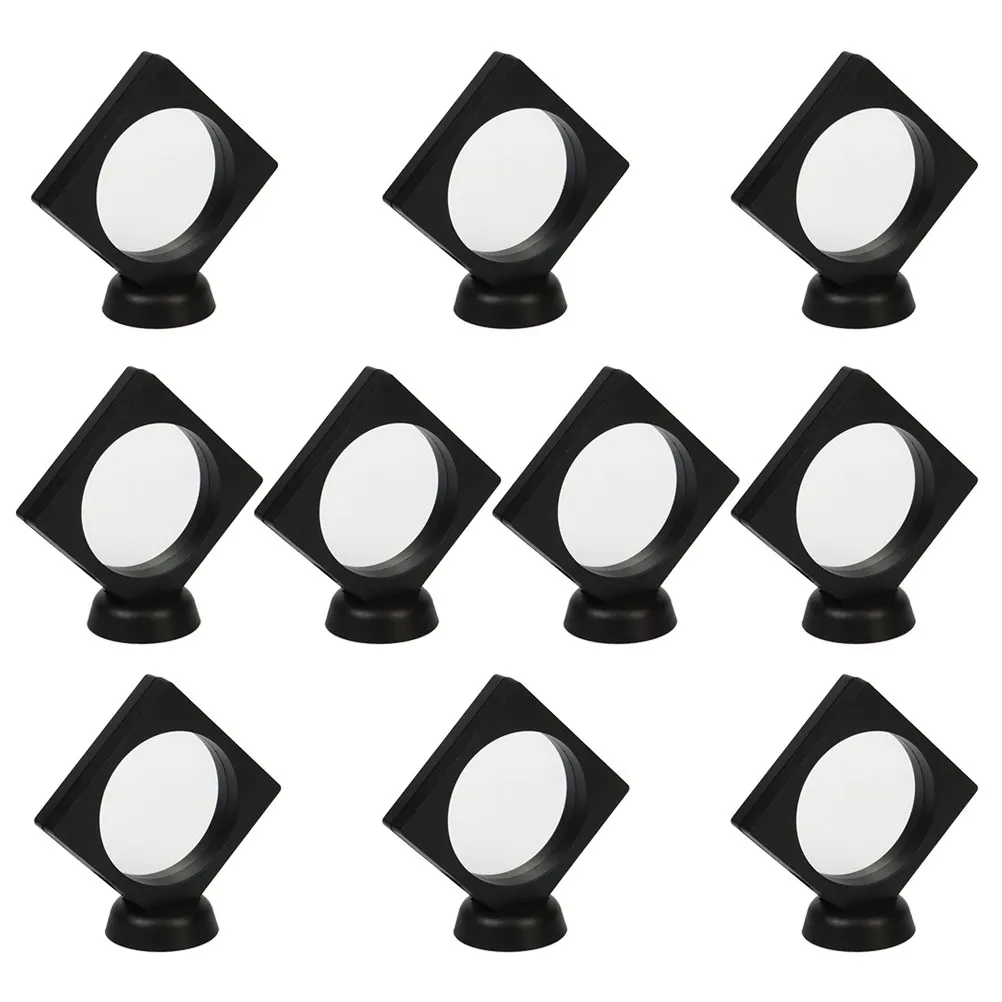 

10 комплектов черных пластиковых прозрачных коробок-витрин с плавающей рамкой для медалей, монет, марок, ювелирных изделий, образцов, настольные