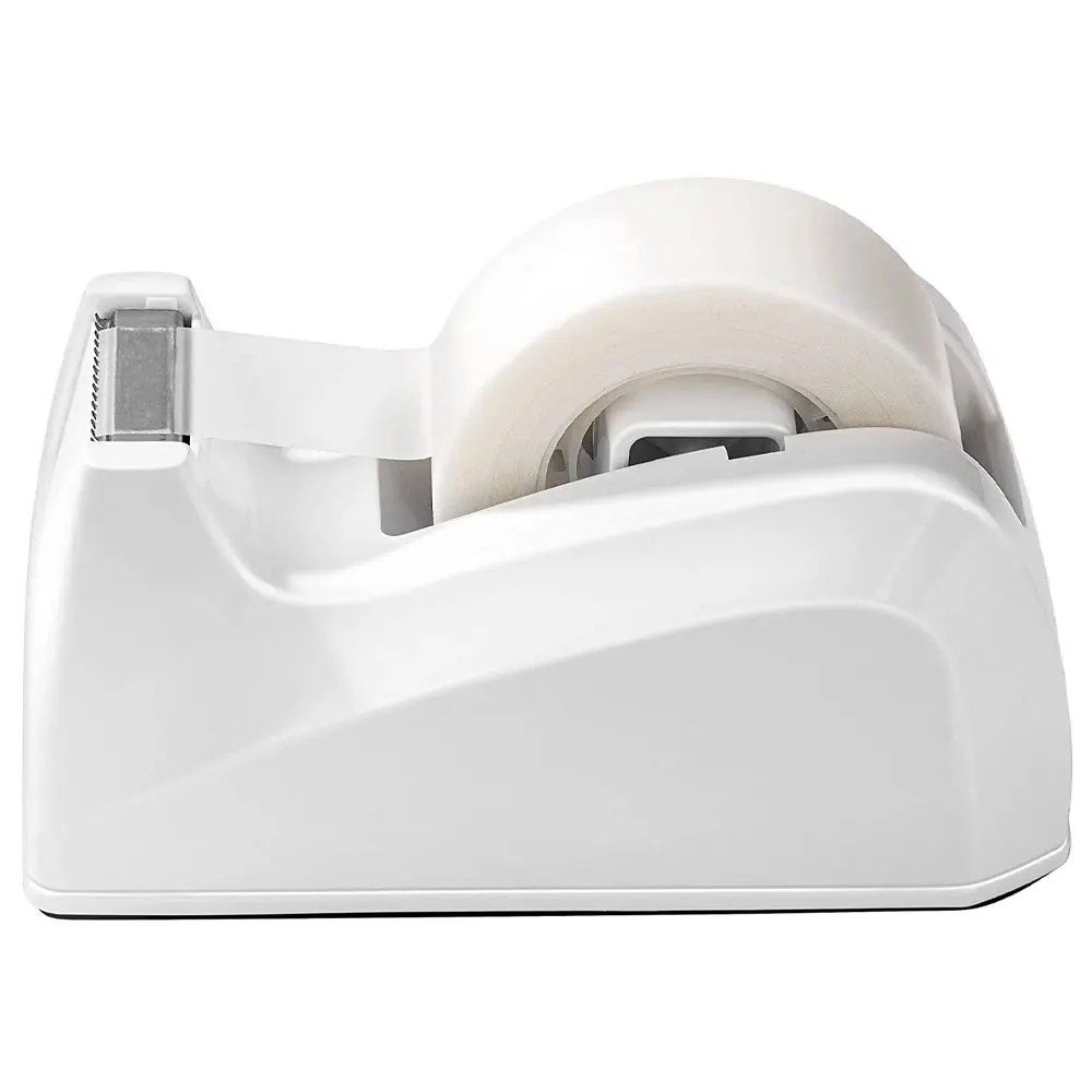 "Effortless" Compact White Pieceaging Tape Dispenser With Stainless Steel Cutter - Portable, Non-Slip Office Stationery Holder