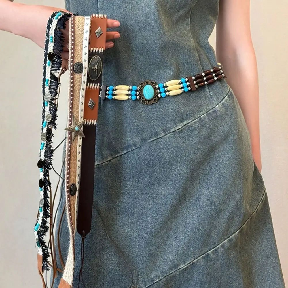

Simple PU Leather Ethnic Style Belt Retro Waistband Bohemian Style Waist Chain Western Denim Korean Style Weave Belt Dancing