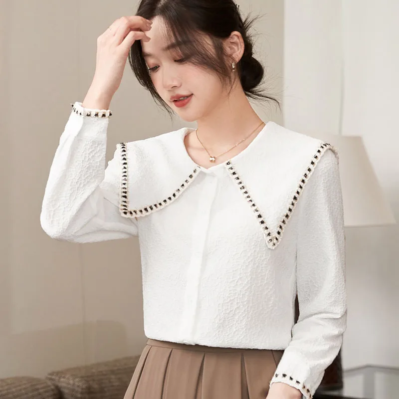 2025 New Fashion Women's Chiffon Blouse High End Large Pointed Collar Jacquard Shirts Female Versatile Stylish Long Sleeve Shirt