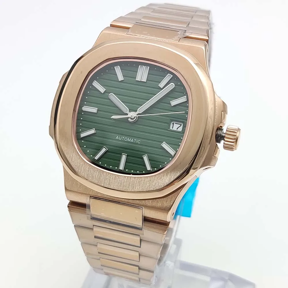 40MM Rose Gold Square Army Green Dial NH35 Movement Men's Sapphire Crystal Date Luminous Automatic Mechanical Watches for Men