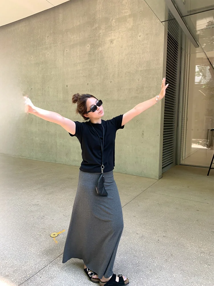 

RereOstrich Lazy Slimming Wrap Skirt mid Waist A-Line Casual Sle Cotton Blend Polyester Elastic Fabric All-Match Autumn ...